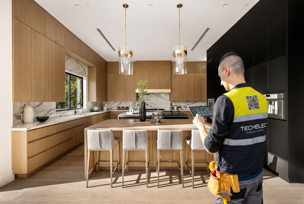 Técnico de TECMELEC configurando un sistema avanzado de automatización inteligente mediante tablet en una cocina moderna de lujo