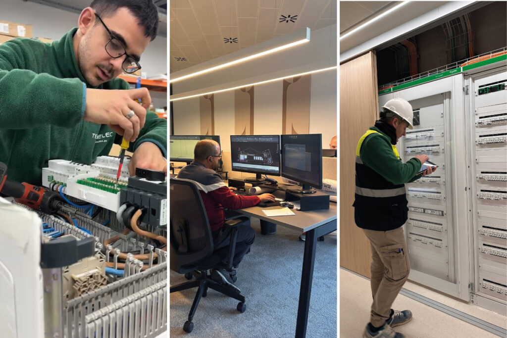 Técnicos de Tecmelec trabajando en el montaje, diseño e instalación de cuadros eléctricos.