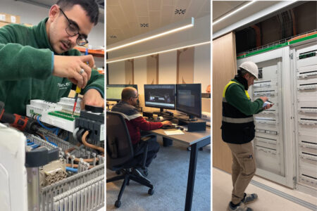 Técnicos de Tecmelec trabajando en el montaje, diseño e instalación de cuadros eléctricos.